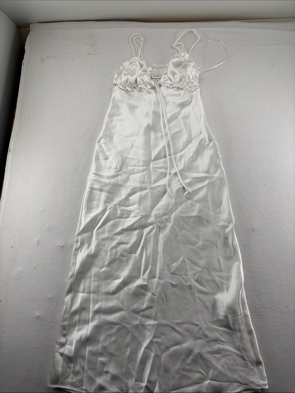 Zara White Satin Long Slip Maxi Dress with Ruffle Bodice - Size Small